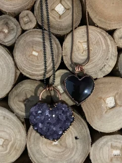 Amethyst Druzy Heart or Rainbow Obsidian Heart Necklace