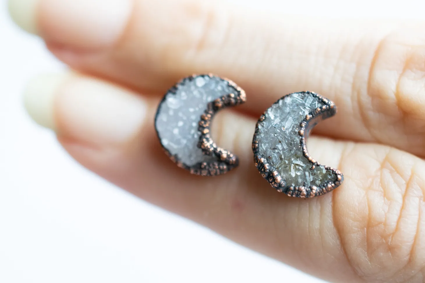Druzy moon studs | Moon earrings