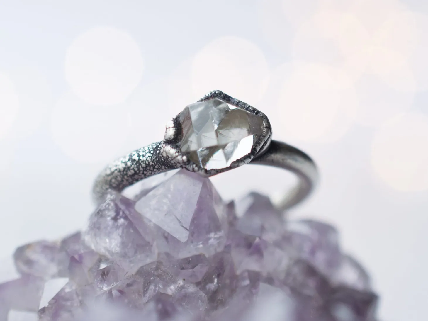 Oxidized silver raw crystal ring | Herkimer diamond ring