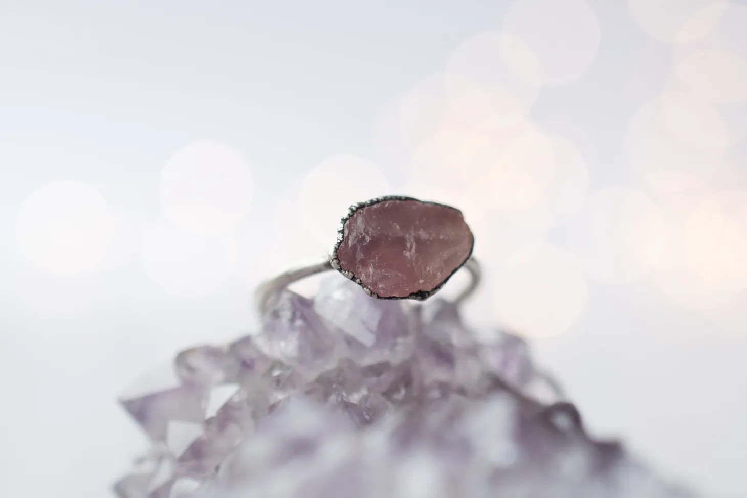 Oxidized Silver Rose Quartz ring | Simple stone stacking ring