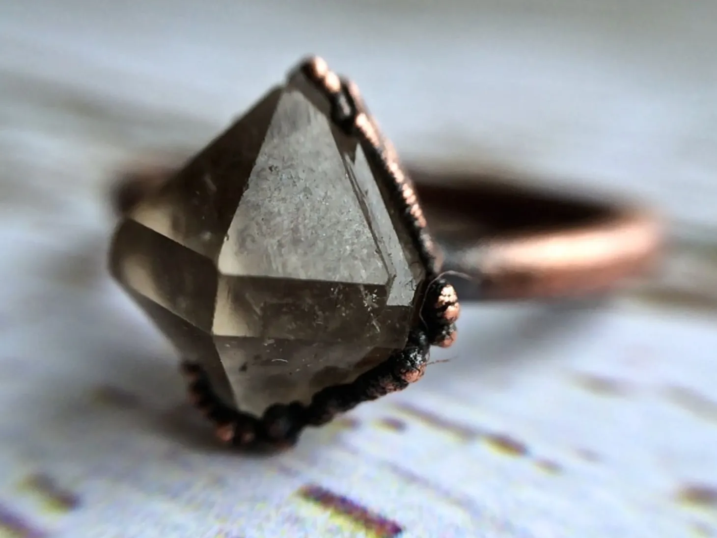 Raw crystal ring | anthraxolite quartz diamond ring