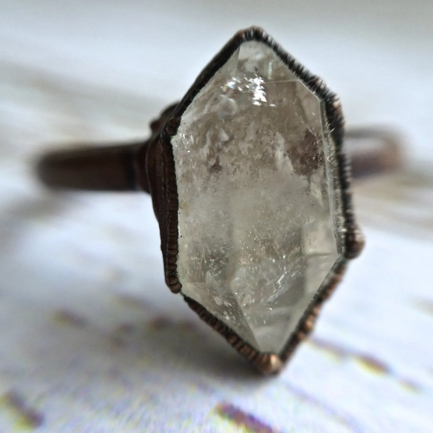 Raw crystal ring | anthraxolite quartz diamond ring